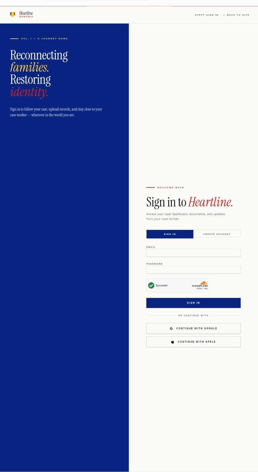 Family sign in — Heartline Romania portal screenshot